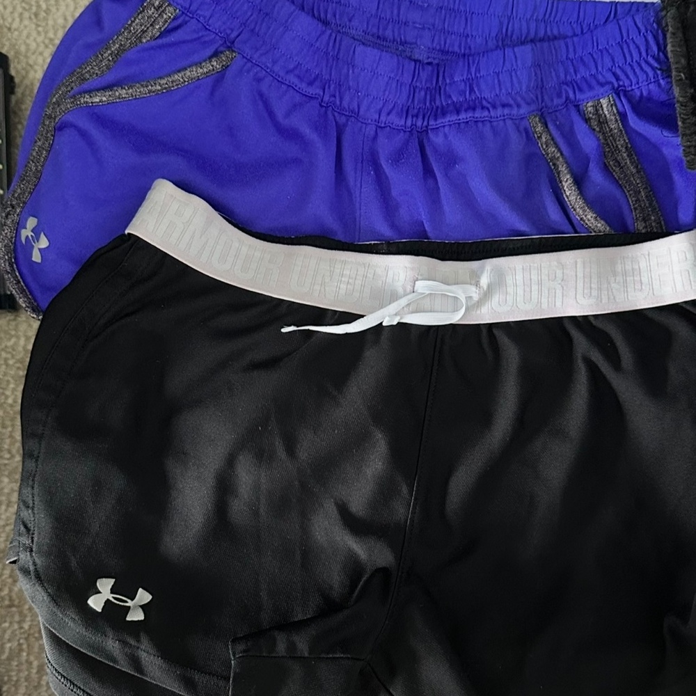 Under Armour womens running shorts sz xs 2pair 1 black w/pink other purple w/blk